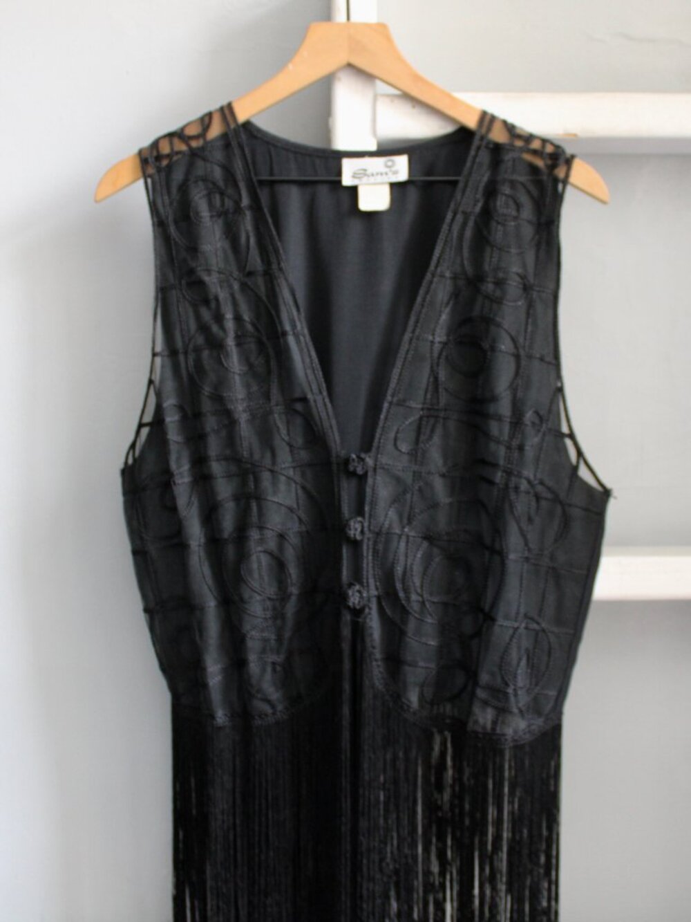 Sam's Fashion Vintage 90s Sheer Swirl Embroidery Fringe Hem Vest Size Large - Picture 5 of 6